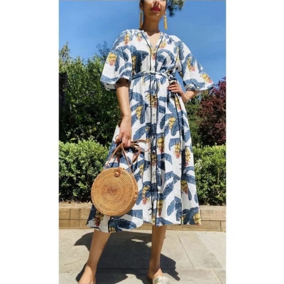 DESMOND & DEMPSEY H&M S Linen-Blend Kaftan Midi Belted Button Up Tropical Dress - Picture 8 of 16